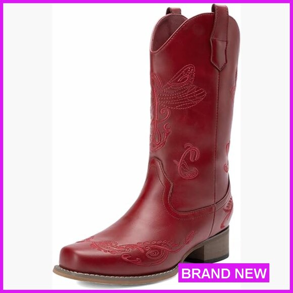 Shoes - Square Toe Cowgirl Boots Chunky Heel Mid Calf Western Embroidered Stitched Pull